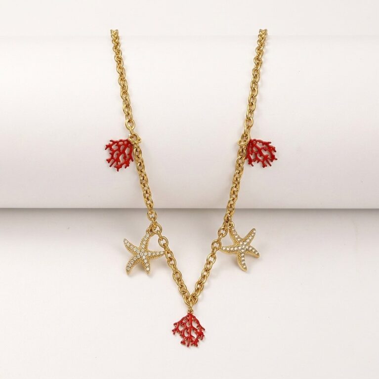 Coral Star Necklace - Ατσάλινο Κολιέ με Αστερίες και Κοράλλια