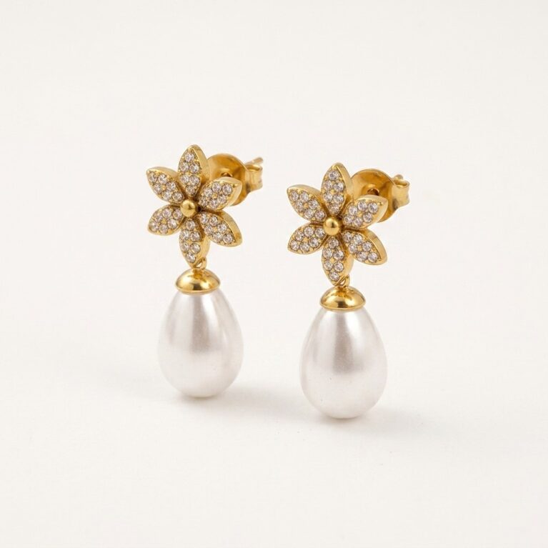 Lumi Earrings - Ατσάλινα Σκουλαρίκια με Λουλούδι και Πέρλα