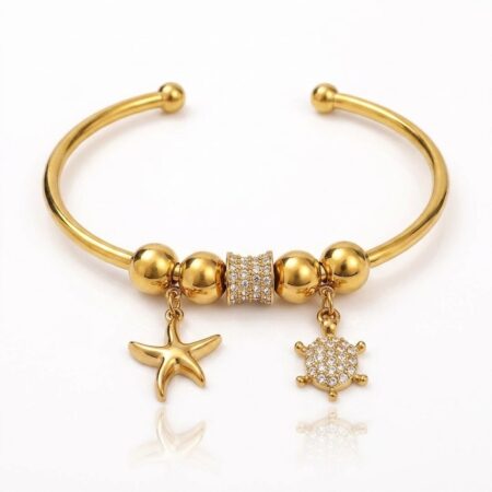 Starry Charm Cuff - Ατσάλινο Βραχιόλι με Αστερία και Χελώνα