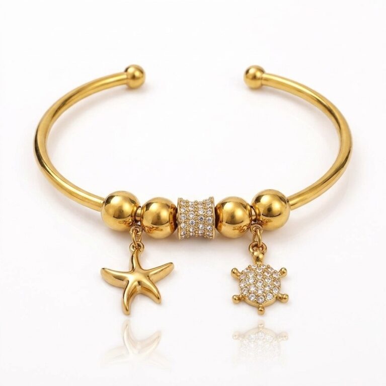 Starry Charm Cuff - Ατσάλινο Βραχιόλι με Αστερία και Χελώνα
