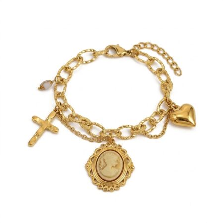 Cameo Bracelet - Ατσάλινο Βραχιόλι με Καμέο και Σταυρό