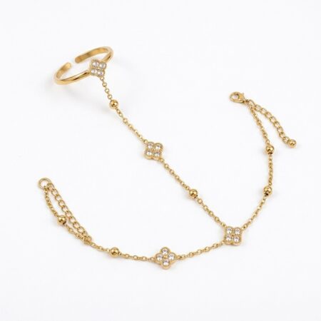 Flora Ring Bracelet - Ατσάλινο Βραχιόλι με Δαχτυλίδι και Λουλούδια