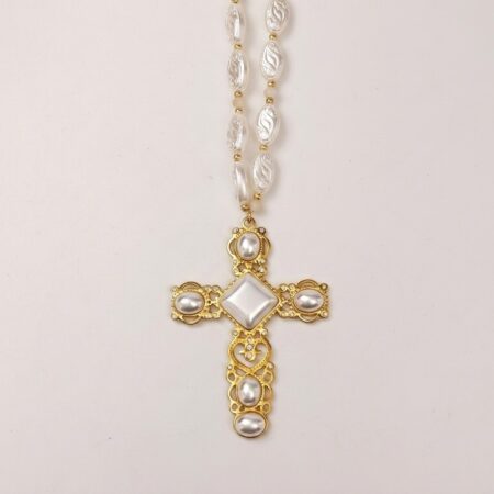 Elysian Cross Necklace - Ατσάλινο Κολιέ με Σταυρό και Πέρλες