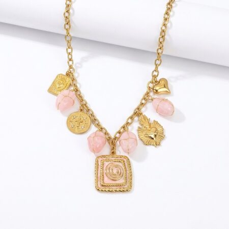 Gold Charm Κολιέ με Κρεμαστά σε Ροζ, Τυρκουάζ και Λευκό