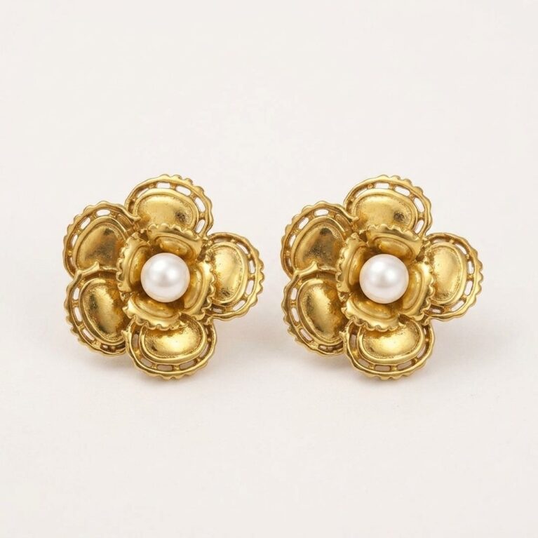 Flora Earrings - Ατσάλινα Σκουλαρίκια με Λουλούδι και Πέρλα