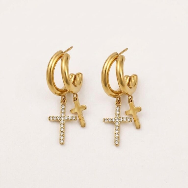 Celine Cross Earrings - Ατσάλινα Σκουλαρίκια Κρίκοι με Σταυρό