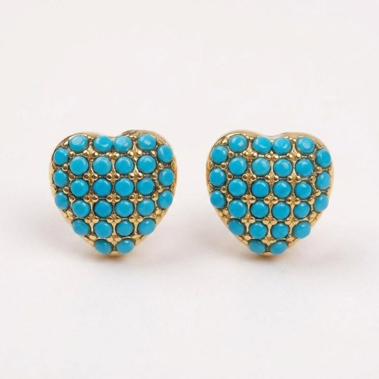 Amour Heart Stud Earrings - Ατσάλινα Σκουλαρίκια Καρφωτά με Τυρκουάζ Πέτρες