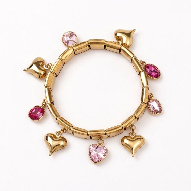 Amour Bracelet - Ατσάλινο Βραχιόλι με Καρδιές και Πέτρες