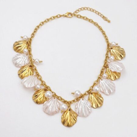 Celine Necklace - Ατσάλινο Κολιέ με Φύλλα και Πέρλες
