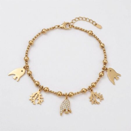 Aqua Charm Bracelet - Ατσάλινο Βραχιόλι με Ψάρια και Φύλλα
