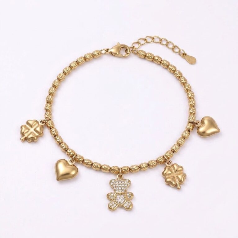 Clover Heart Bracelet - Ατσάλινο Βραχιόλι με Καρδιές και Τριφύλλια