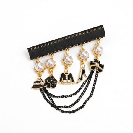 Chic Brooch - Χρυσή Καρφίτσα με Μαργαριτάρια και Μαύρα Στοιχεία