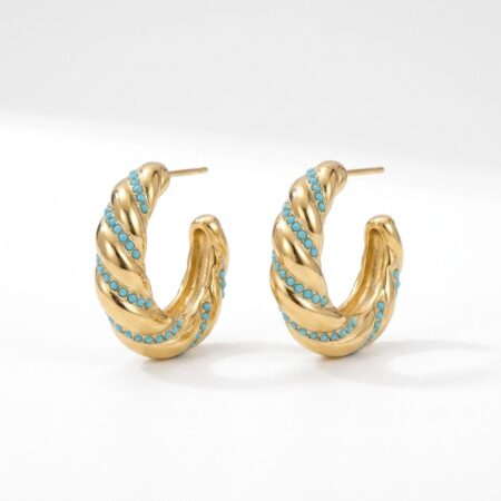Twist Hoop Earrings - Ατσάλινα Σκουλαρίκια Κρίκοι με Τυρκουάζ Πέτρες