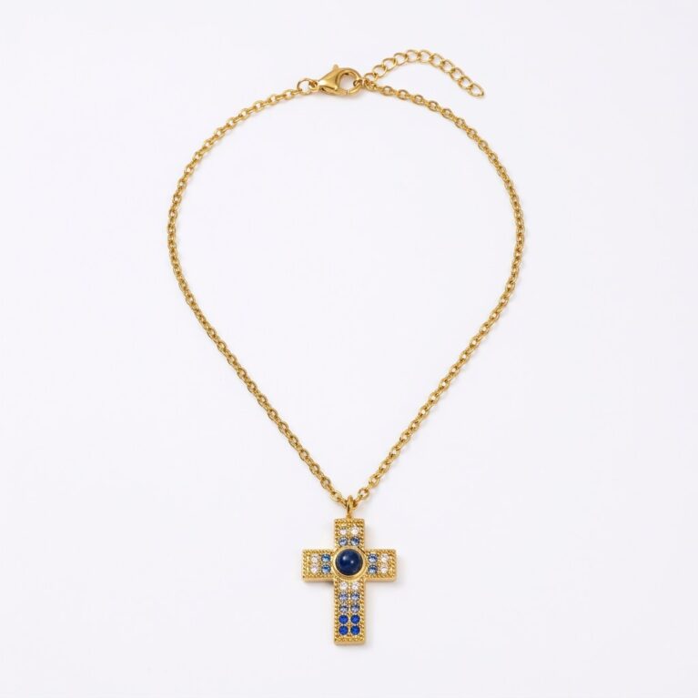 Celeste Cross Necklace - Ατσάλινο Κολιέ με Σταυρό και Πολύχρωμες Πέτρες